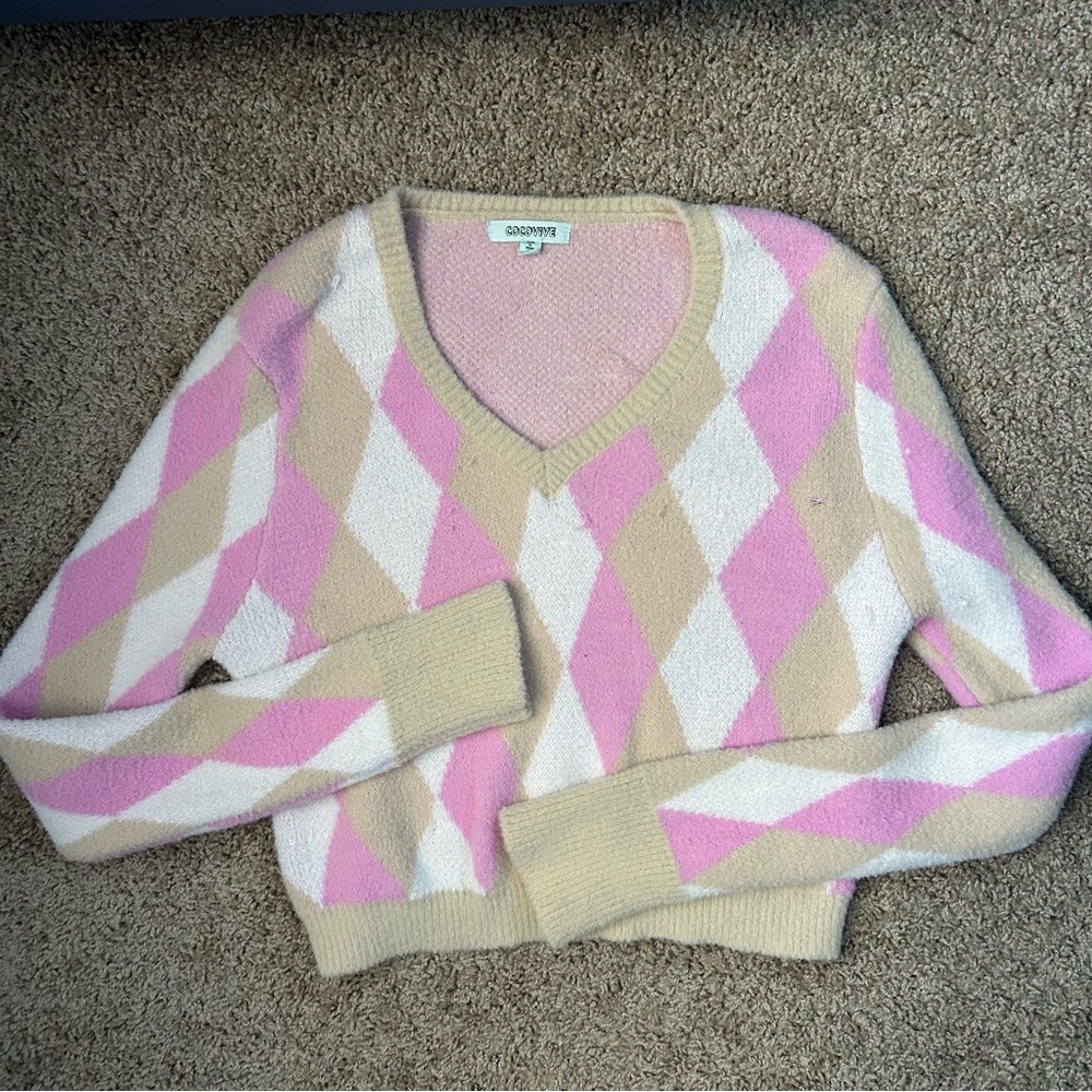 Pink & Cream Argyle V-Neck Sweater
